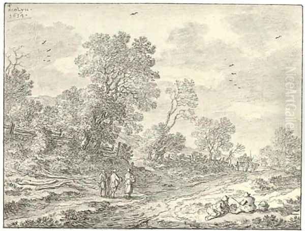 Two peasants reclining on a bank by a road, three travellers and two carts seen beyond Oil Painting by Pieter de Molyn