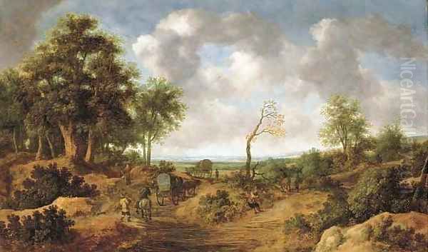 A wooded landscape with travellers in wagons on a path Oil Painting by Pieter de Molyn