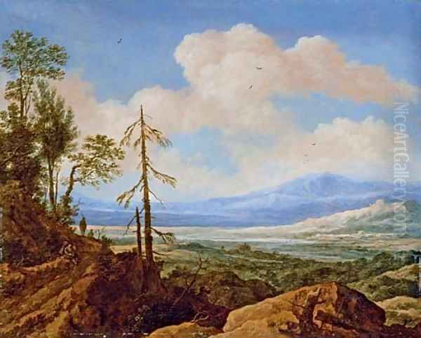 An extensive rocky landscape with a traveller resting on a path Oil Painting by Pieter de Molyn