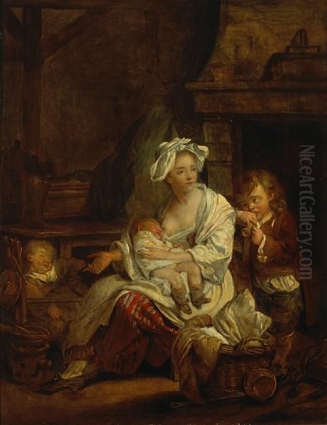 A Young Mother With Her Children Oil Painting by Jean Baptiste Greuze