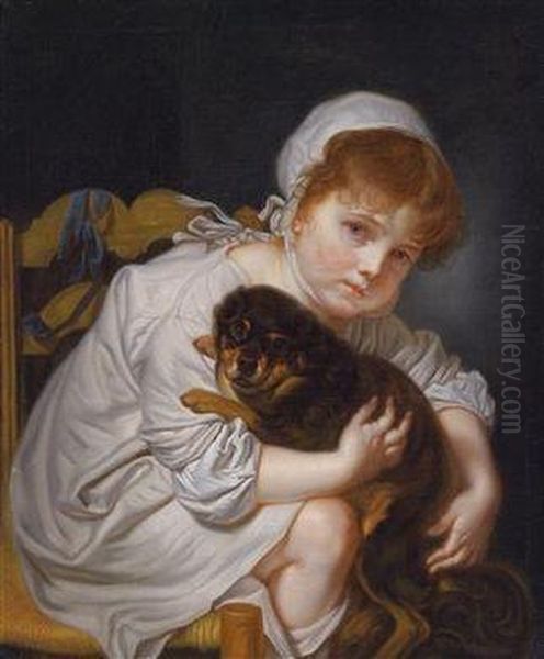 A Young Girl With A Lap Dog Oil Painting by Jean Baptiste Greuze