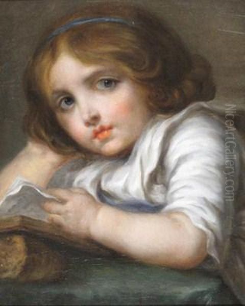 Young Girl In A Blue Headband, Reading Oil Painting by Jean Baptiste Greuze