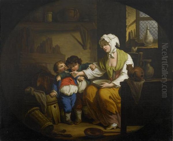 Kitchen Interior With Mother And Her Children Oil Painting by Jean Baptiste Greuze