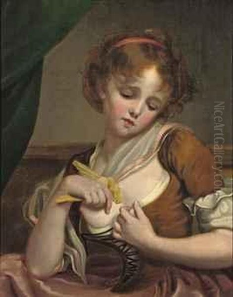 Young Girl In A Red Dress Holding A Bird Oil Painting by Jean Baptiste Greuze