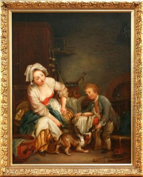 French Kitchen Interior With A Lady Seated Near A Young Boy Feeding A Spaniel Oil Painting by Jean Baptiste Greuze