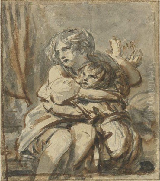 Two Frightened Children Comforting Each Other Oil Painting by Jean Baptiste Greuze