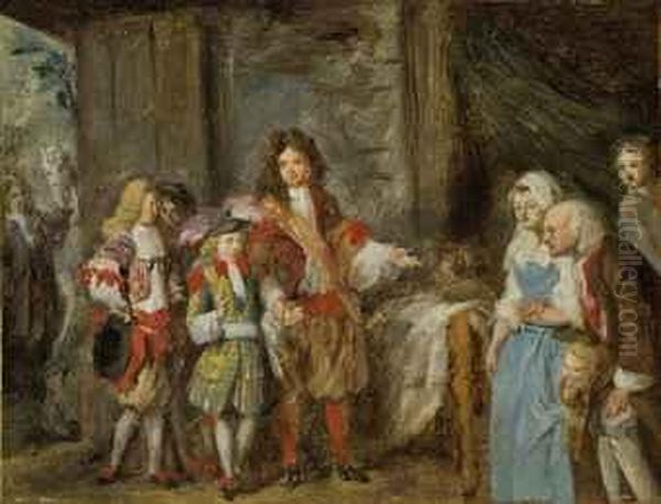 Elegant Figures In An Interior With Peasants, A Groom And Horse Beyond Oil Painting by Jean Baptiste Greuze