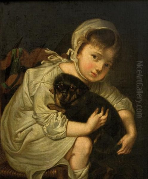 A Small Girl With Her Dog Oil Painting by Jean Baptiste Greuze