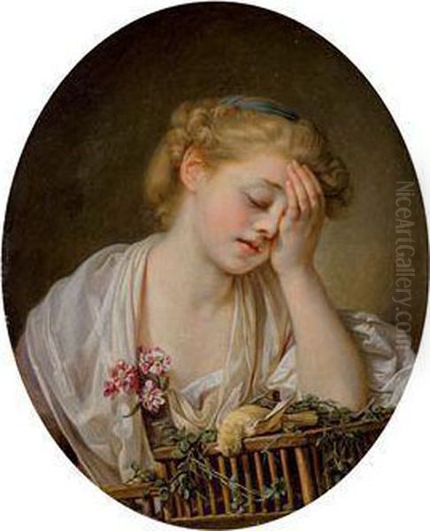 Une Jeune Femme Qui Pleure Son Oiseau Mort Oil Painting by Jean Baptiste Greuze