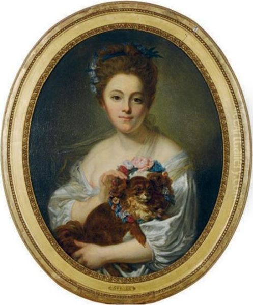 Portrait Of A Girl With Her Spaniel Wearing A Flowered Wreath Oil Painting by Jean Baptiste Greuze