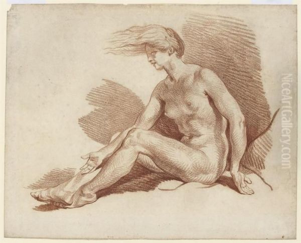 A Seated Female Nude Oil Painting by Jean Baptiste Greuze