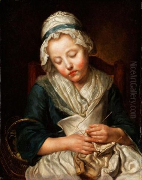 Tricoteuse Endormie (beim Stricken Eingeschlafenesmadchen) Oil Painting by Jean Baptiste Greuze