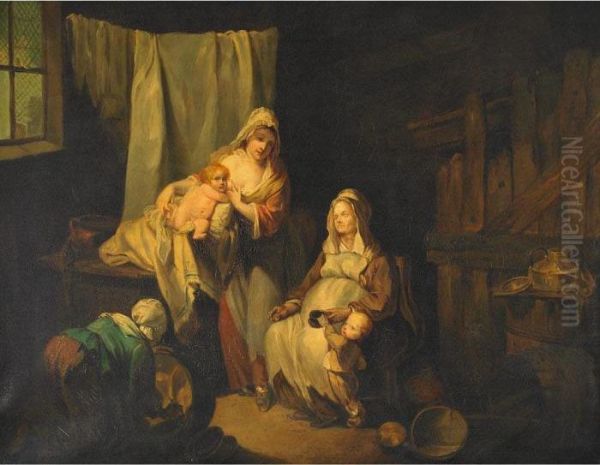 Midwives In A Dutch Interior Oil Painting by Jean Baptiste Greuze