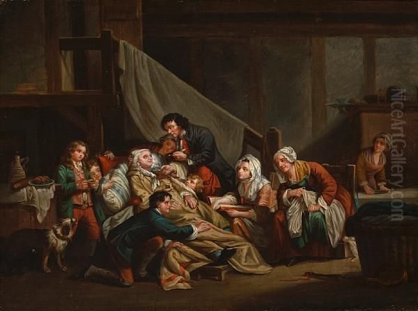 The Paralytic Man Helped By His Children Oil Painting by Jean Baptiste Greuze