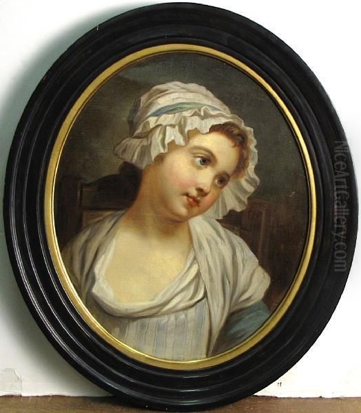 A Portrait Of A Young Girl Seated In A White Bonnet Oil Painting by Jean Baptiste Greuze