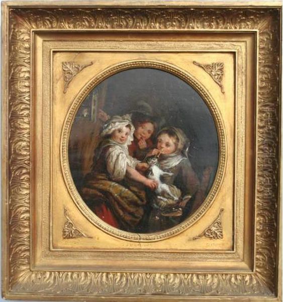 Children With A Cat Oil Painting by Jean Baptiste Greuze