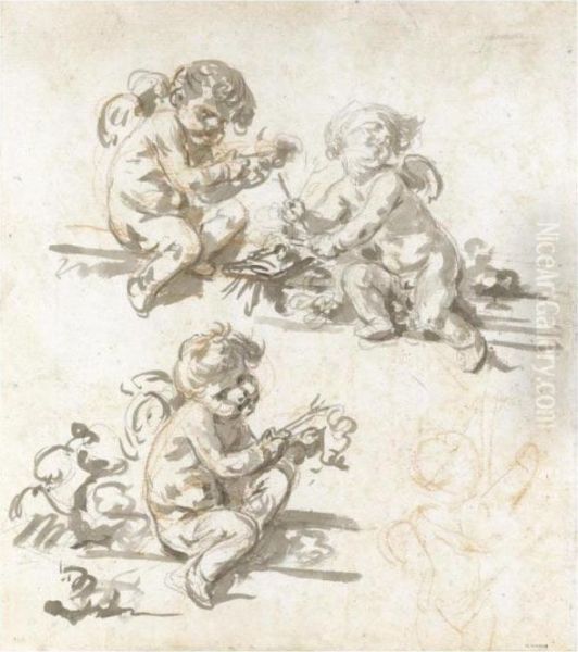 Three Studies Of Putti Oil Painting by Jean Baptiste Greuze