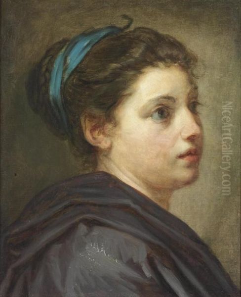 A Head Study Of A Young Lady With A Blue Ribbon Oil Painting by Jean Baptiste Greuze