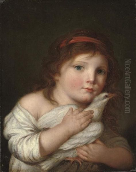 A Young Girl In A White Smock, Holding A Dove Oil Painting by Jean Baptiste Greuze