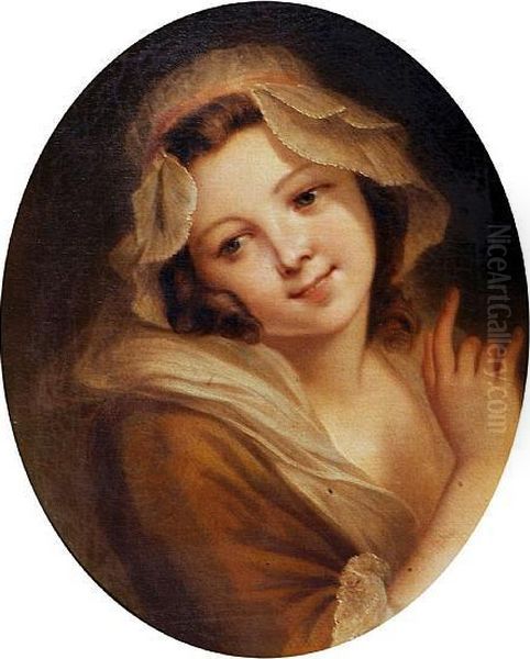 Study Of A Young Girl, Oval Oil Painting by Jean Baptiste Greuze