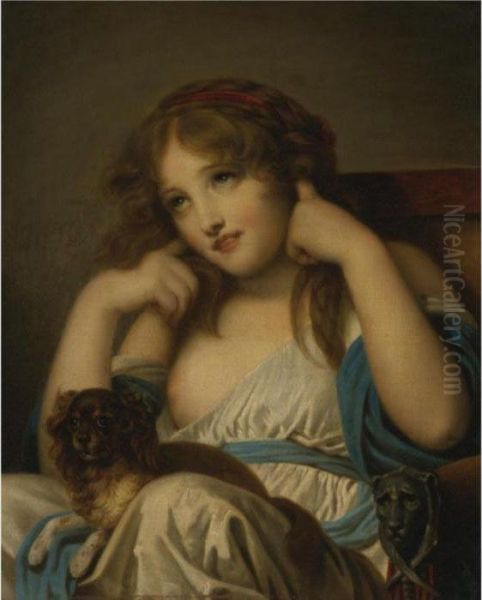 A Young Girl With A Dog On Her Lap Oil Painting by Jean Baptiste Greuze