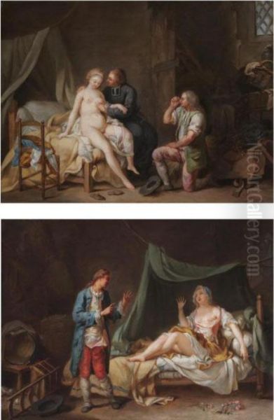 A Bedroom Scene With A Woman Shunning A Man's Advances Oil Painting by Jean Baptiste Greuze