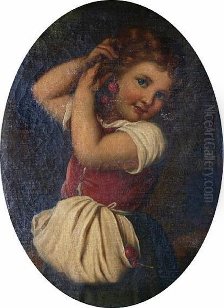 Portrait Of A Young Girl With Cherries,oval Oil Painting by Jean Baptiste Greuze