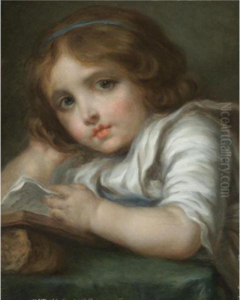 Portrait Of A Girl, Head And Shoulders, Reading A Book Oil Painting by Jean Baptiste Greuze