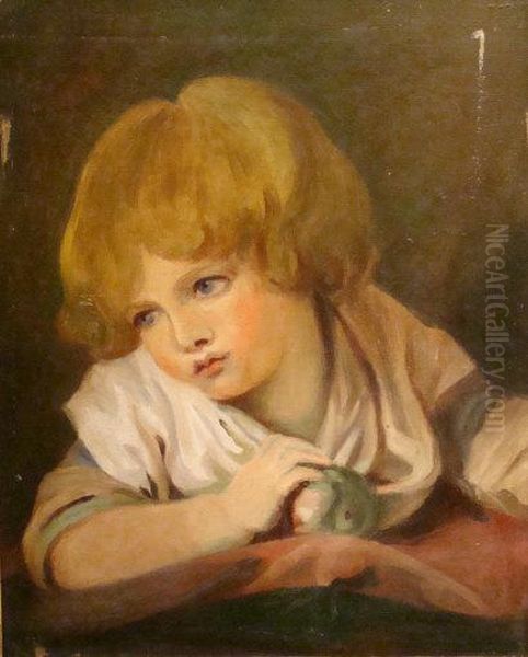 A Young Child Holding An Apple Oil Painting by Jean Baptiste Greuze