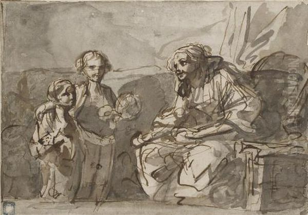 Une Femme Assise Avec Deux Enfants Devant Elle Oil Painting by Jean Baptiste Greuze