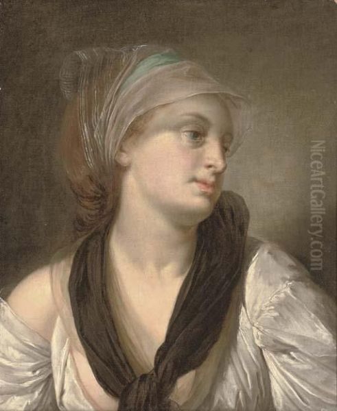 Portrait Of A Lady, Bust-length,
 In A White Dress And Black Shawl, A Blue And White Scarf In Her Hair Oil Painting by Jean Baptiste Greuze