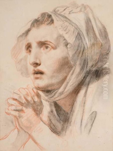 Portrait D'une Jeune Femme Les Mains Jointes, Vue De Trois-quarts Tournee Vers La Gauche Oil Painting by Jean Baptiste Greuze