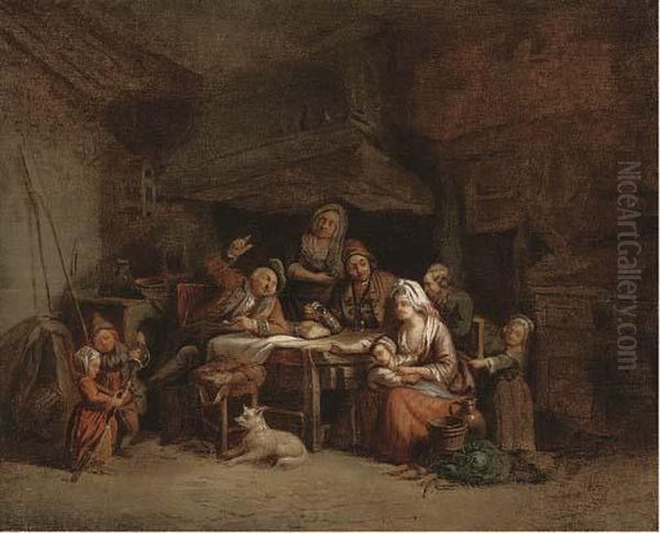 A Family Around A Kitchen Table Oil Painting by Jean Baptiste Greuze