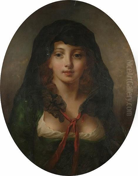 Portrait Bust Length Of A Beautiful Girl Wearing A Black Cape With A Red Ribbon Oil Painting by Jean Baptiste Greuze