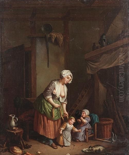 A Kitchen Interior With A Peasant Woman And Her Children Oil Painting by Jean Baptiste Greuze