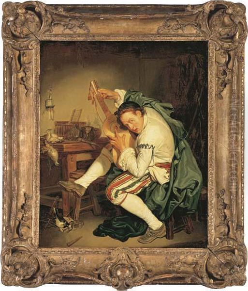 L'oiseleur: A Birdcatcher Tunes His Guitar Oil Painting by Jean Baptiste Greuze