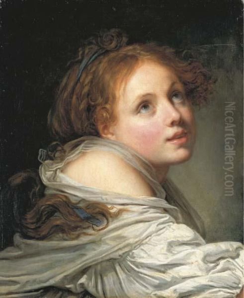 Innocence: A Girl, Bust-length, In A White Chemise, Looking Up Tothe Right Oil Painting by Jean Baptiste Greuze