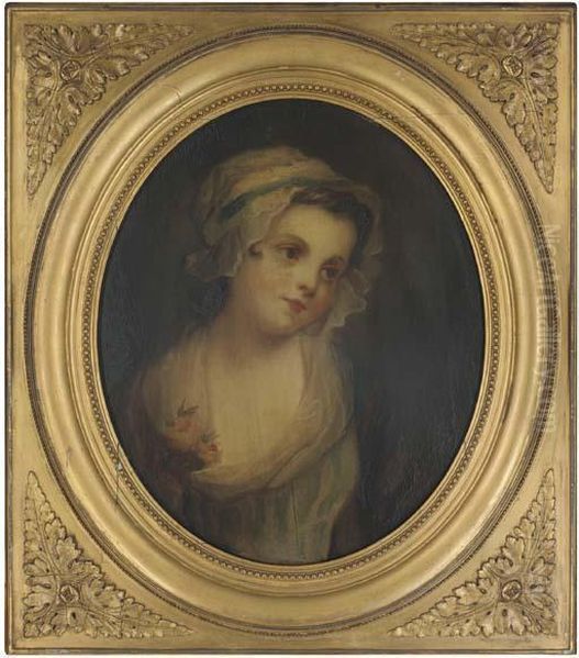 Portrait Of A Girl, Half-length, In A Bonnet, With Flowers In Herright Hand Oil Painting by Jean Baptiste Greuze