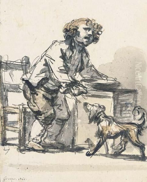 L'enfant Gate: A Boy Standing At A Table Feeding A Dog With Aspoon Oil Painting by Jean Baptiste Greuze