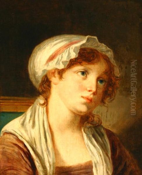 Portrait Of A Woman Wearing A White Cap Oil Painting by Jean Baptiste Greuze