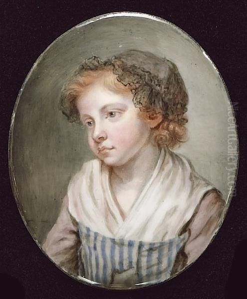 Anna Greuze, Wearing Blue And 
White Striped Bodice With Mauve Sleeves, A Black Lace Trimmed Cap Over 
Her Auburn Hair Oil Painting by Jean Baptiste Greuze