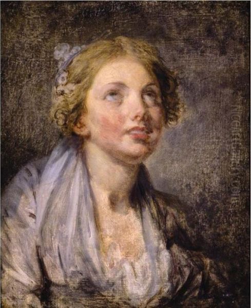 Head Of A Young Girl Looking Upwards Oil Painting by Jean Baptiste Greuze