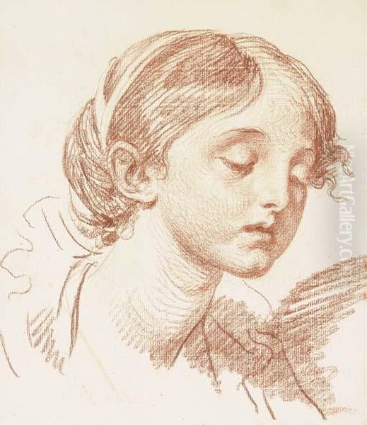 Head Of A Girl Looking Down, In Three-quarter Profile To Theright Oil Painting by Jean Baptiste Greuze