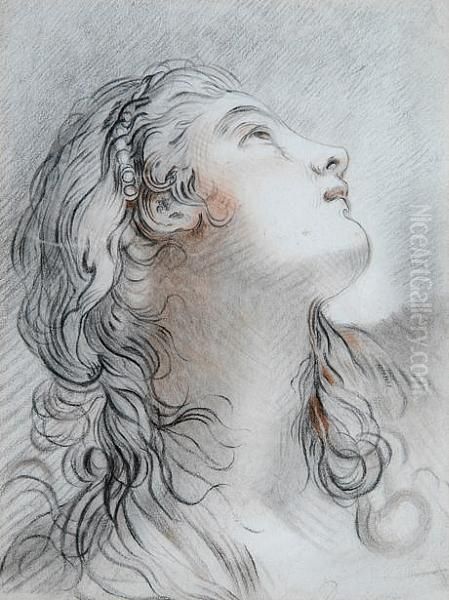 A Head And Shoulder Study Of A Young Girl With Long Flowing Hair Oil Painting by Jean Baptiste Greuze