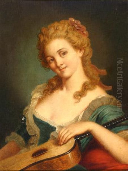 Bust Portrait Of A Lady With Guitar Oil Painting by Jean Baptiste Greuze