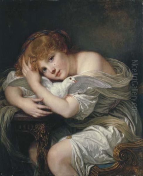 'la Jeune Fille A La Colombe' - A Young Girl Holding A Dove Oil Painting by Jean Baptiste Greuze