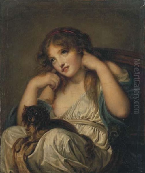 A Young Girl With A Dog On Her Lap Oil Painting by Jean Baptiste Greuze