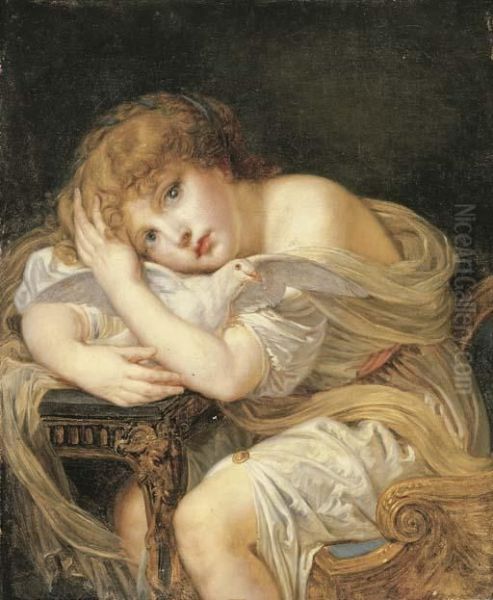 'la Jeune Fille A La Colombe' - A Young Girl Holding A Dove Oil Painting by Jean Baptiste Greuze