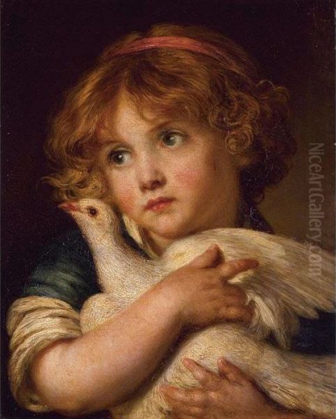 A Young Girl Holding A Dove Oil Painting by Jean Baptiste Greuze