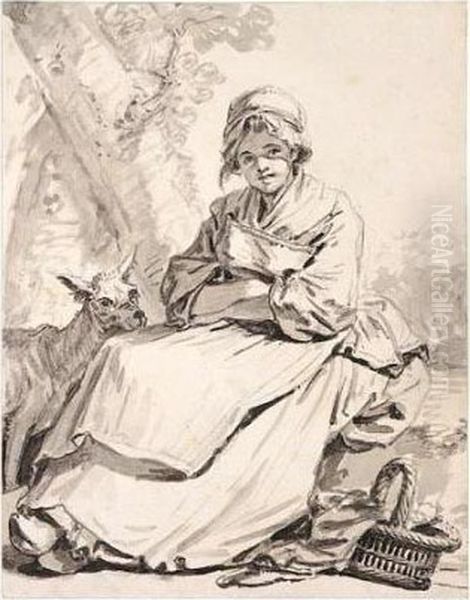 Peasant Girl With A Goat Oil Painting by Jean Baptiste Greuze